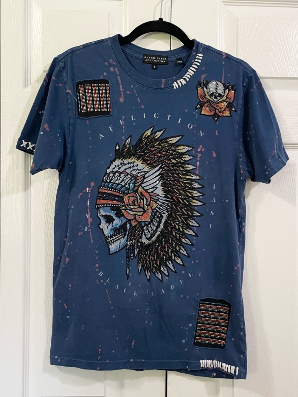 AFFLICTION Black Label Night Chief Rhinestone T-Shirt Men's Size S